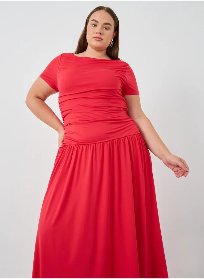 Styli Styli Plus Size Short Sleeve Gathered Detail A-Line Maxi Dress