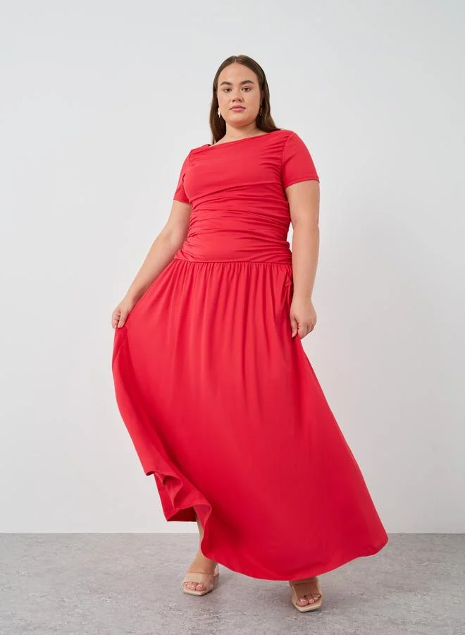 Styli Styli Plus Size Short Sleeve Gathered Detail A-Line Maxi Dress