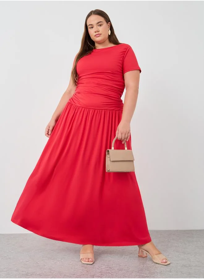Styli Styli Plus Size Short Sleeve Gathered Detail A-Line Maxi Dress