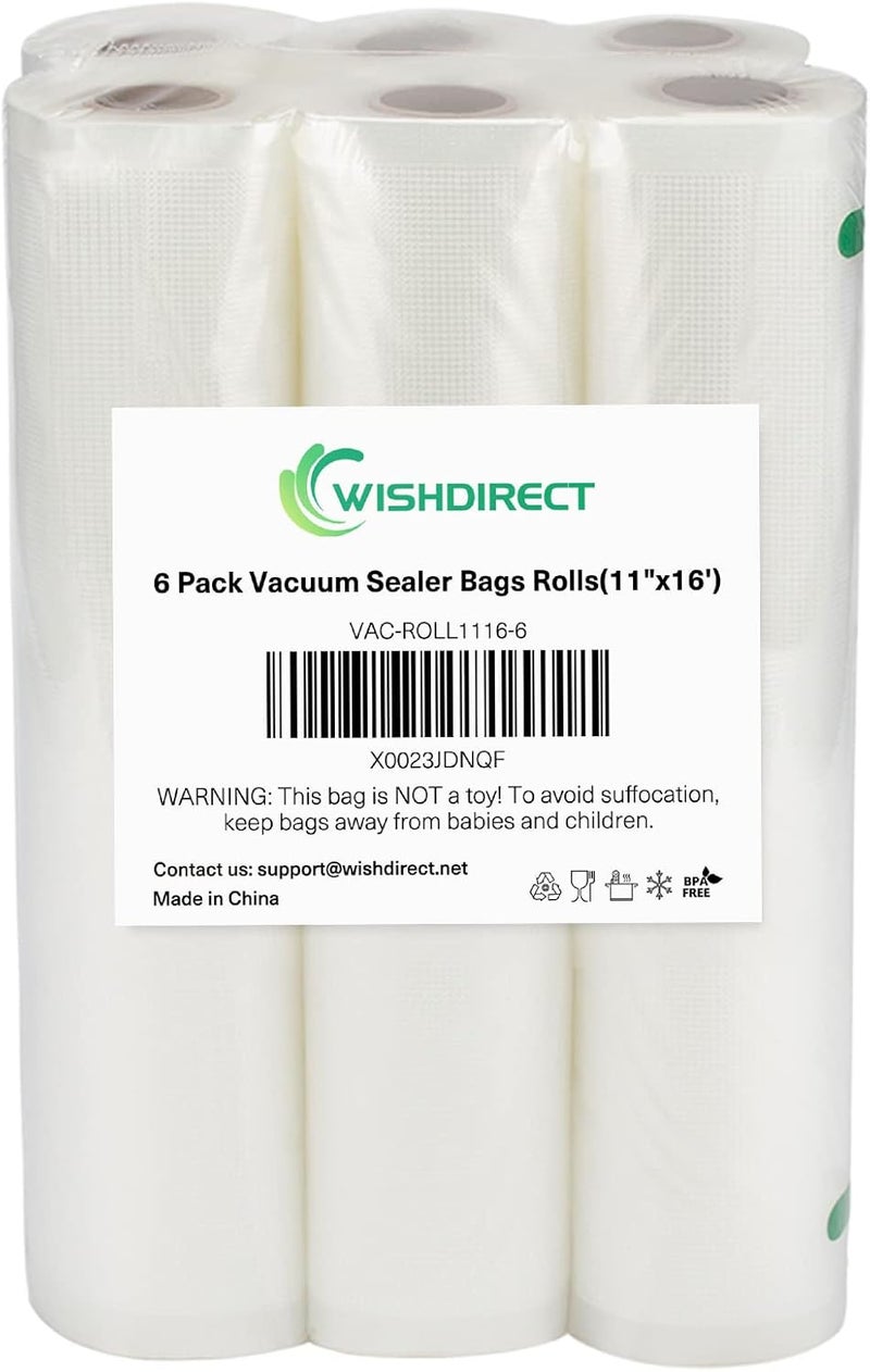 WishDirect Vacuum Sealer Machine Bags Rolls (6 Rolls), 11 Inch X 16 Feet Fit Inside Machine Heavy Duty Embossed Food Storage Saver Bags Rolls Compatible with Sous Vide and FoodSaver (Total 100 Feet) - Image 1