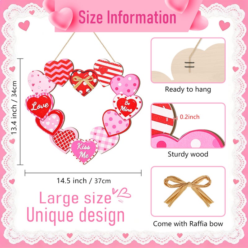 CIOEY Valentines Day Heart Door Sign, Love Wooden Sign, Happy Valentines Day Be Mine and Kiss Me Wreath Decor for Front Door, 12 Hearts Pattern Wood Heart Sign with Raffia Bow - Image 2
