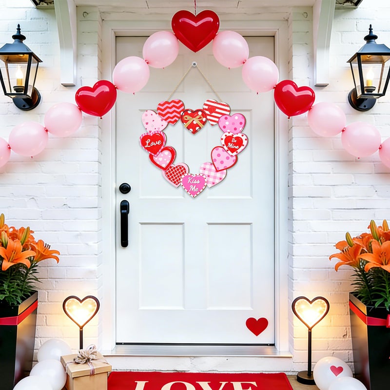 CIOEY Valentines Day Heart Door Sign, Love Wooden Sign, Happy Valentines Day Be Mine and Kiss Me Wreath Decor for Front Door, 12 Hearts Pattern Wood Heart Sign with Raffia Bow - Image 3