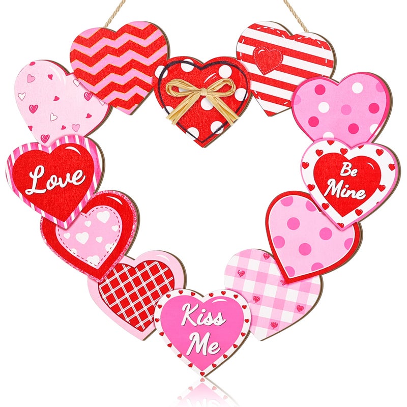 CIOEY Valentines Day Heart Door Sign, Love Wooden Sign, Happy Valentines Day Be Mine and Kiss Me Wreath Decor for Front Door, 12 Hearts Pattern Wood Heart Sign with Raffia Bow - Image 1