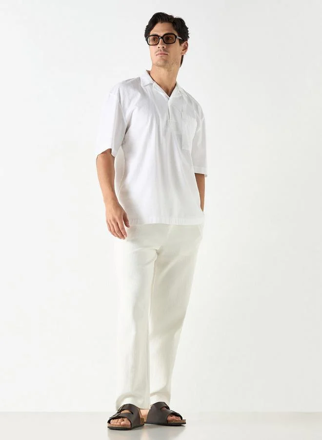 Iconic Iconic Textured Camp Collar Shirt with Short Sleeves and Pocket