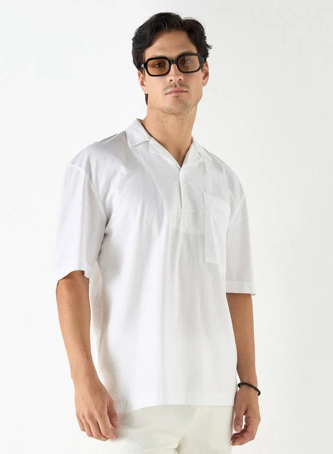 Iconic Iconic Textured Camp Collar Shirt with Short Sleeves and Pocket