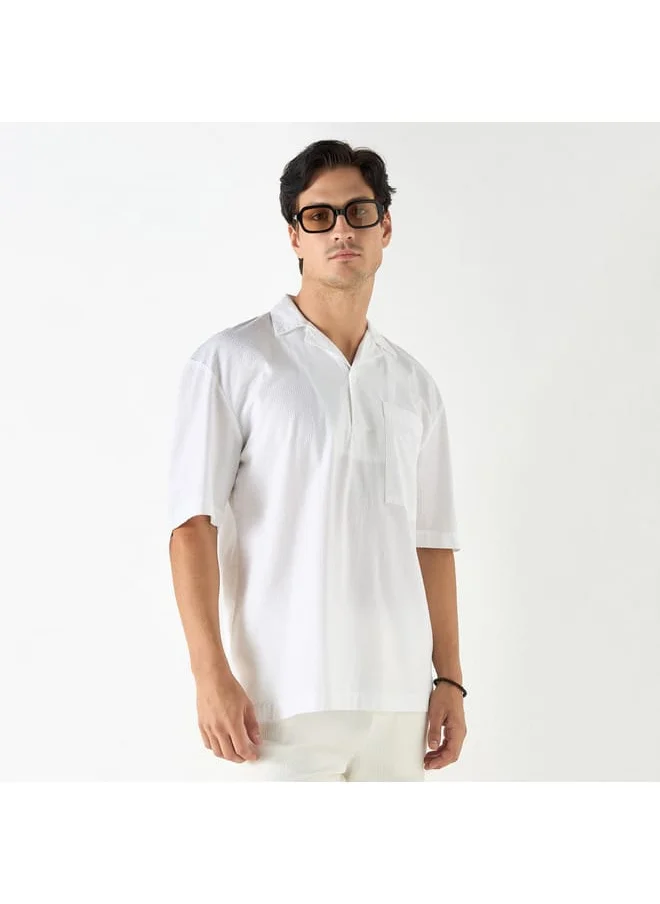 Iconic Iconic Textured Camp Collar Shirt with Short Sleeves and Pocket