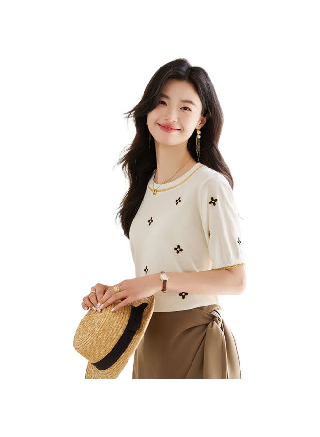 She Enjoys Short-Sleeve T-Shirt For Women, Round Neck, Lucky Clover Embroidery Top, Casual Versatile Knitted T-Shirt For Women, T143T1376 - Image 1