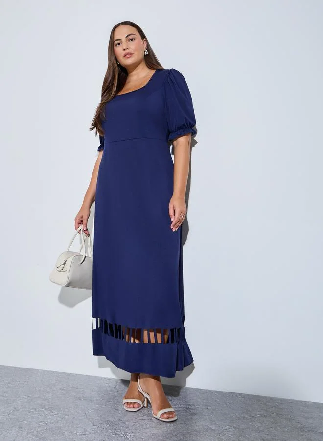 Styli Plus Size Navy Blue Puff Sleeves A-Line Maxi Dress