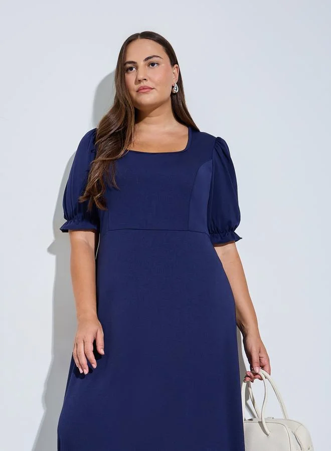 Styli Plus Size Navy Blue Puff Sleeves A-Line Maxi Dress