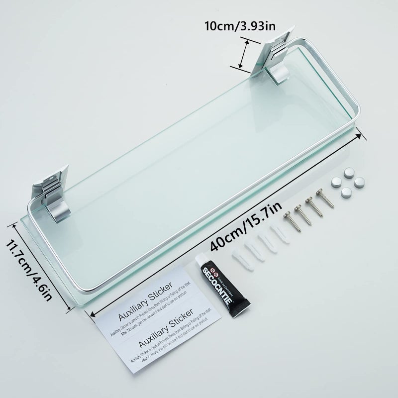 AIJALY 3 Pack Bathroom Glass Shelf,Aluminum Tempered Glass 0.34in Extra Thick Rectangular 1 Tier Storage Organizer Wall Mount,Silver 15.7in - Image 5