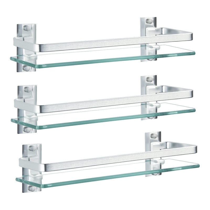 AIJALY 3 Pack Bathroom Glass Shelf,Aluminum Tempered Glass 0.34in Extra Thick Rectangular 1 Tier Storage Organizer Wall Mount,Silver 15.7in - Image 1