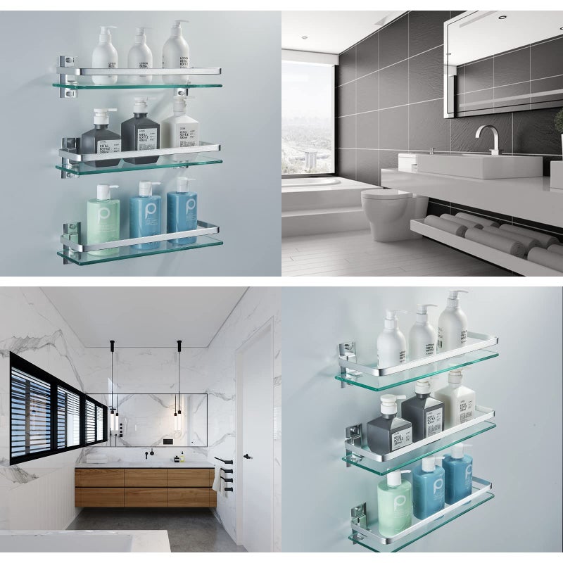 AIJALY 3 Pack Bathroom Glass Shelf,Aluminum Tempered Glass 0.34in Extra Thick Rectangular 1 Tier Storage Organizer Wall Mount,Silver 15.7in - Image 4