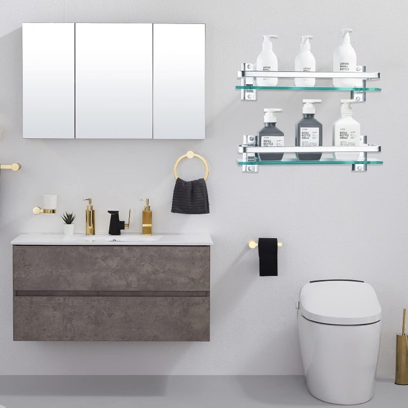 AIJALY 3 Pack Bathroom Glass Shelf,Aluminum Tempered Glass 0.34in Extra Thick Rectangular 1 Tier Storage Organizer Wall Mount,Silver 15.7in - Image 2
