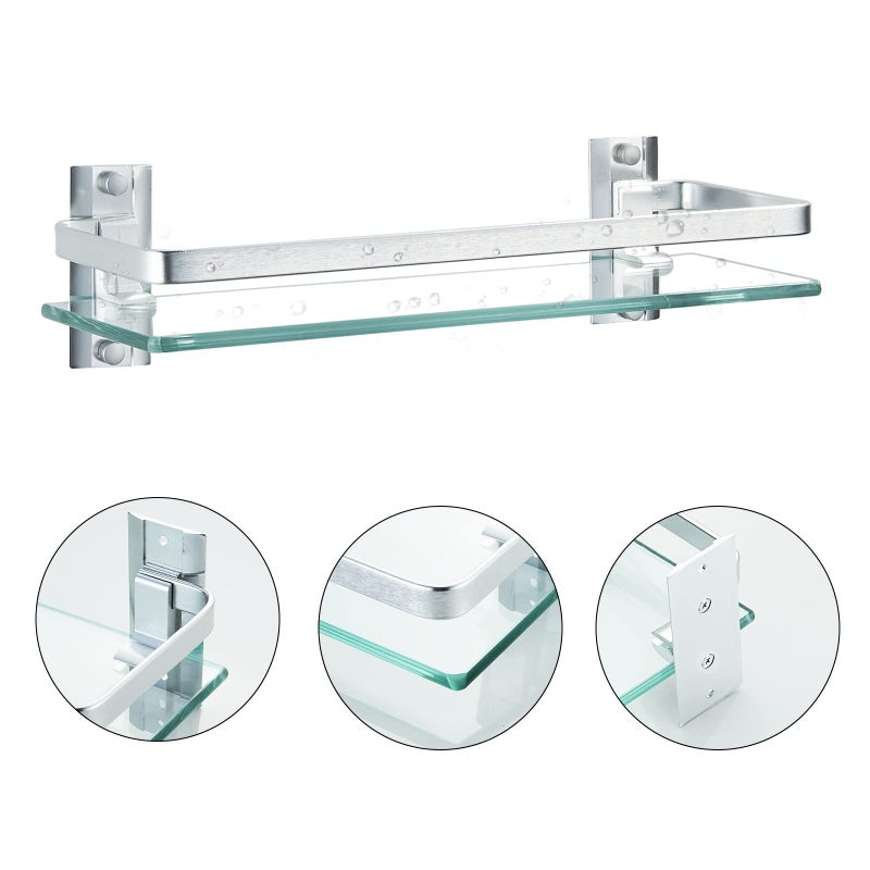 AIJALY 3 Pack Bathroom Glass Shelf,Aluminum Tempered Glass 0.34in Extra Thick Rectangular 1 Tier Storage Organizer Wall Mount,Silver 15.7in - Image 3
