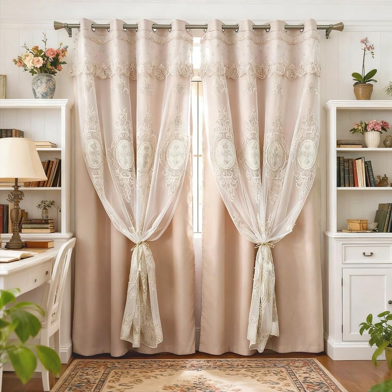 Amidoudou 1 Pair European Double Layer Curtains with Valances for Living Room Bedroom Luxury 3D Flower Embroidered Curtains (Khaki,52x90 Inch) - Image 4