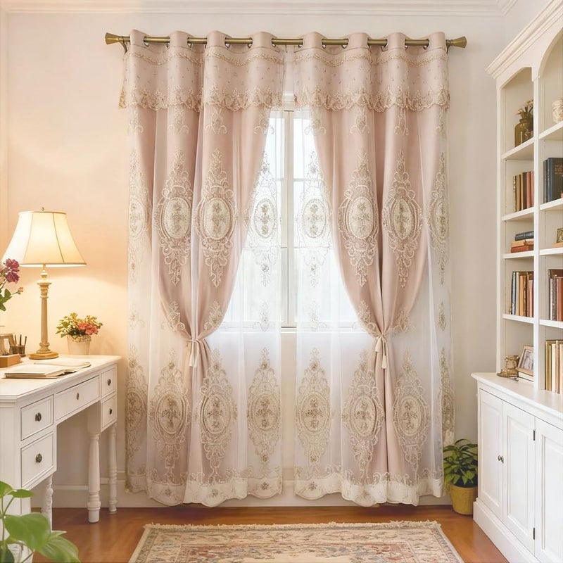 Amidoudou 1 Pair European Double Layer Curtains with Valances for Living Room Bedroom Luxury 3D Flower Embroidered Curtains (Khaki,52x90 Inch) - Image 1