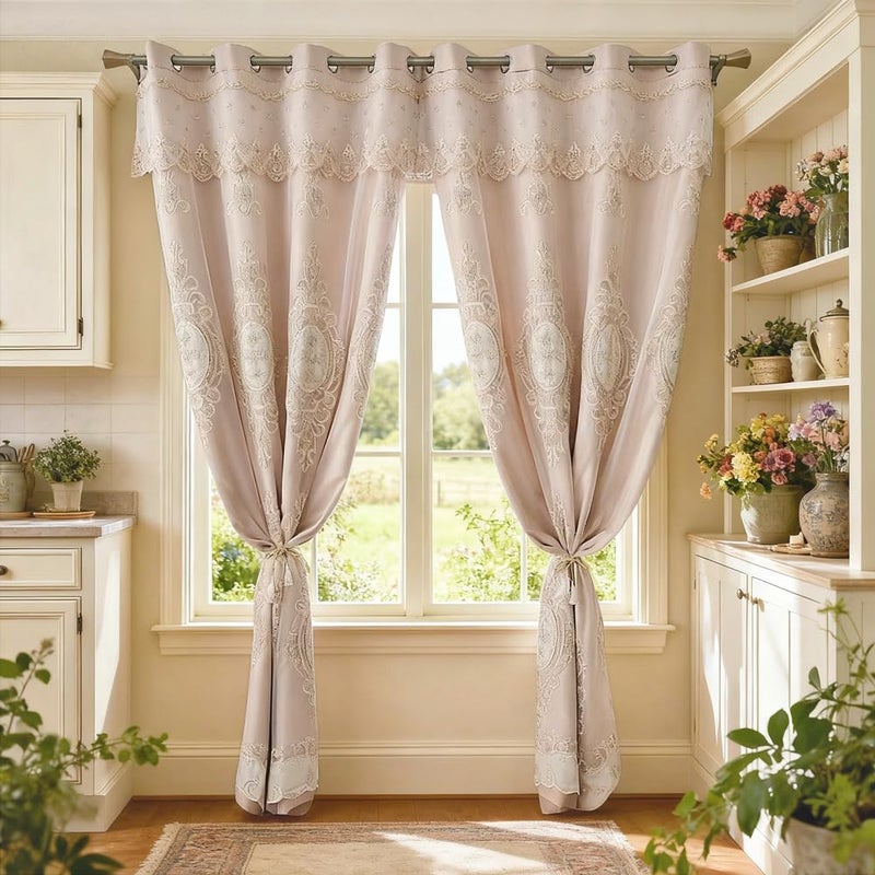 Amidoudou 1 Pair European Double Layer Curtains with Valances for Living Room Bedroom Luxury 3D Flower Embroidered Curtains (Khaki,52x90 Inch) - Image 5