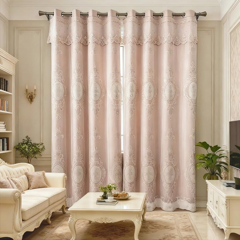 Amidoudou 1 Pair European Double Layer Curtains with Valances for Living Room Bedroom Luxury 3D Flower Embroidered Curtains (Khaki,52x90 Inch) - Image 2