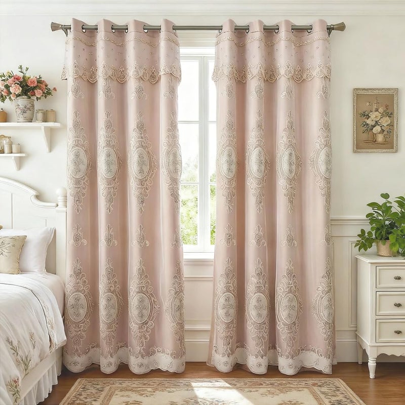 Amidoudou 1 Pair European Double Layer Curtains with Valances for Living Room Bedroom Luxury 3D Flower Embroidered Curtains (Khaki,52x90 Inch) - Image 3