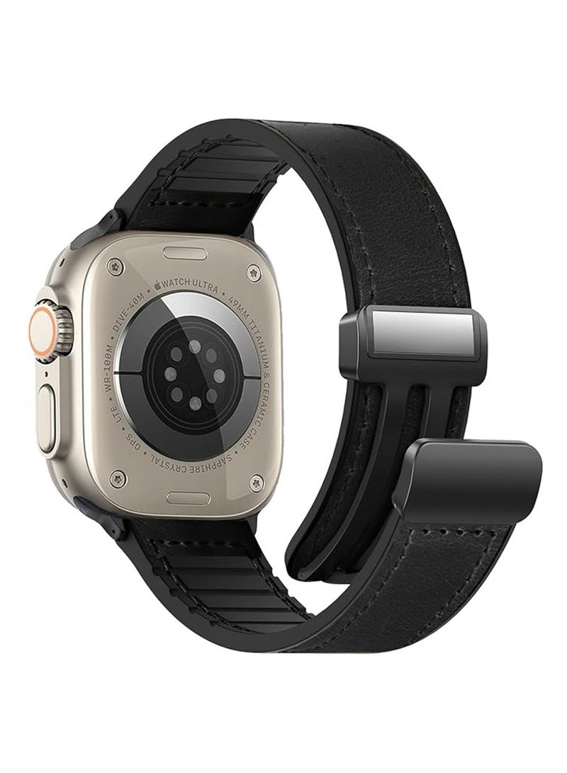 DUSALA Magnetic Leather Watch Band for Apple Watch Ultra, 49mm 45mm 44mm 42mm, Magnetic Buckle Replacement Genuine Leather Strap for Apple Watch Series,Black - Image 1