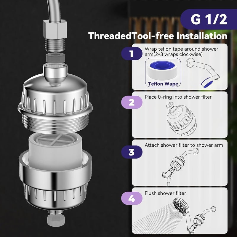 HASTHIP Shower Filter,20 Stage Output Showerhead Filters for Hard Water, Shower Filter Water Softene,with 2 Replaceable Filters Cartridges,Universal Replaceable ShowerHead Water Purifier - Image 4