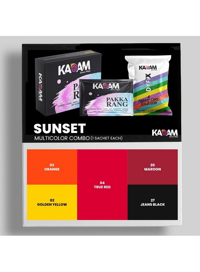 KADAM (LABEL) Kadam Pakka Rang Multicolour Combo: Sunset | 5 Multicolour Sachet (5g each) | Includes DyFix Color Fixer (5 Sachets) | Permanent Fabric Dye Colors for Faded Clothes | Applicable on Cotton, Nylon, Silk, Wool, Georgette, Chiffon, Denim, Jute - Image 1