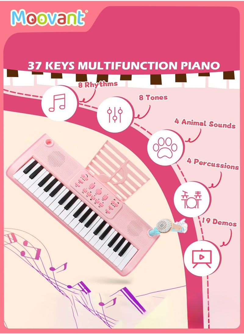 Moovant - 37 Key Kids Piano Keyboard, Electronic Keyboard for Beginners with Microphone, Portable Multi-Function Recording Music Instrument Gift, Pink - Image 1