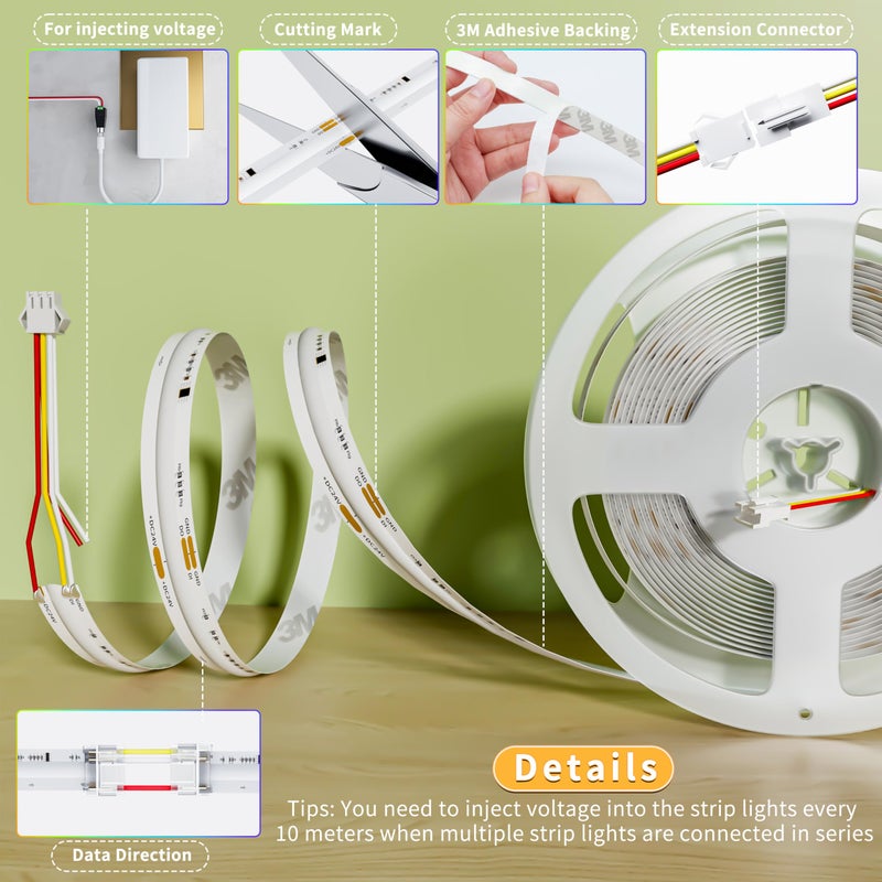 PAUTIX IP65 Waterproof RGB Smart IC COB LED Strip Light Addressable 24ft/7.5m,24V Color Flowing Strip Light Multicolor Flexible Tape Light for TV,Room,Party DIY Decoration(Without Controller&Adapter) - Image 5