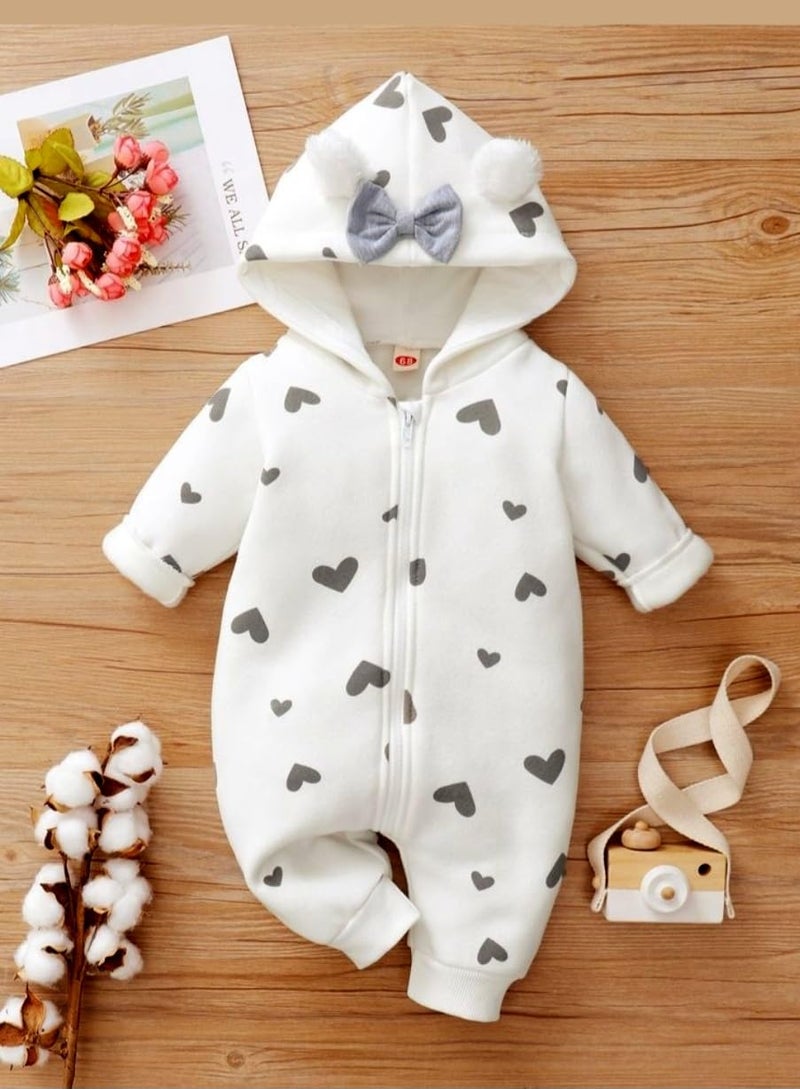 BRANDONN Kids Baby Cotton Fleece Jumpsuit Romper Onesie Sleep Suit Hooded Semi Winter Zipper (White & Grey, 9-12 Months, Chest : 32 cm x Length : 62 cm) - Image 2