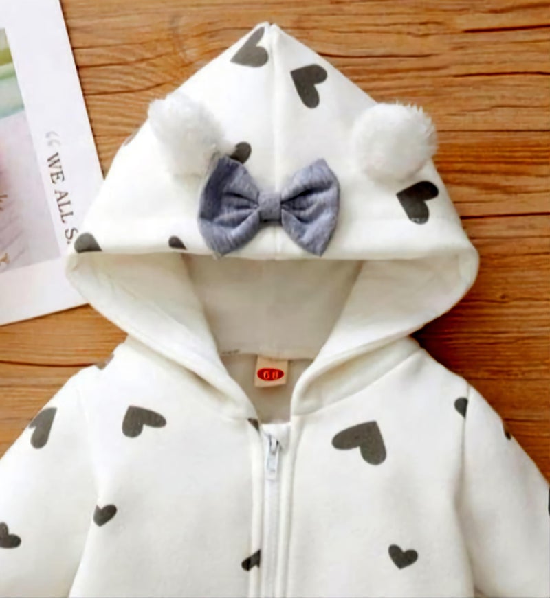 BRANDONN Kids Baby Cotton Fleece Jumpsuit Romper Onesie Sleep Suit Hooded Semi Winter Zipper (White & Grey, 9-12 Months, Chest : 32 cm x Length : 62 cm) - Image 3