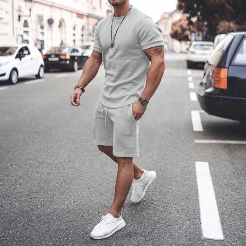 2022 new ebay hot style men's summer short-sleeved shorts suit sports casual suit men's clothing lightgrey 5XL - Image 1