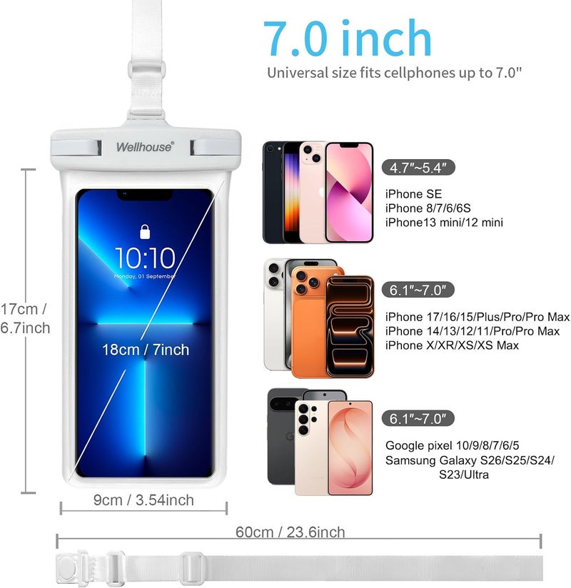 Wellhouse Waterproof Phone Pouch, Waterproof Phone Case for iPhone 15 14 13 12 Pro Max XS Samsung, IPX8 3D Cellphone Dry Bag Beach Essentials White-1 Pack 7.0" - Image 5