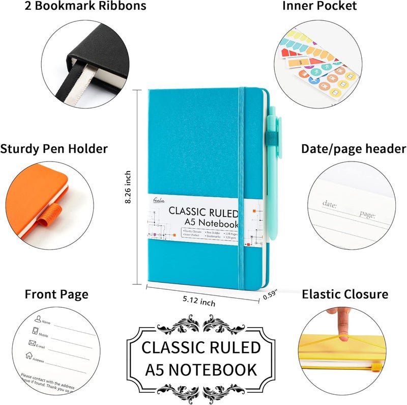 Feela Journal Notebook Bulk for School, Hardcover Business Classic Ruled Lined Journals with Pen Holder for Work Office Journaling, with 5 Black Pens, 120 GSM, 5.1”x8.3”, 5 Pack, A5, Solid Colors - Image 2