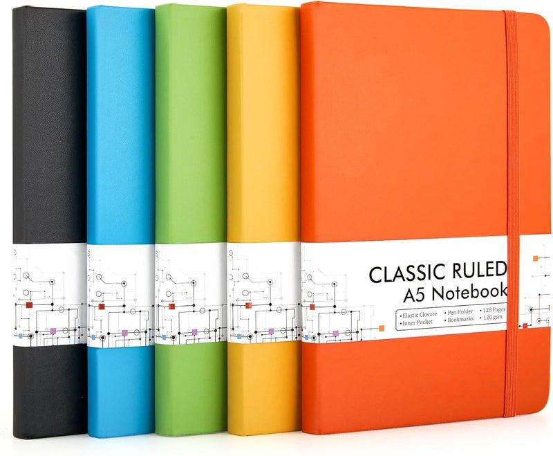 Feela Journal Notebook Bulk for School, Hardcover Business Classic Ruled Lined Journals with Pen Holder for Work Office Journaling, with 5 Black Pens, 120 GSM, 5.1”x8.3”, 5 Pack, A5, Solid Colors - Image 1