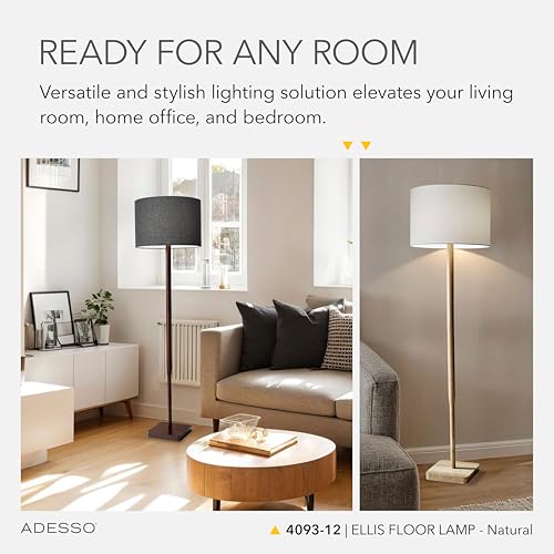 Adesso Floor Lamp with Natural Rubberwood Base and White Linen Lampshade – 3-Way Adjustable Brightness, Lamp for Bedroom, Living Room, and House Décor, 58.5” x 16” - Image 3