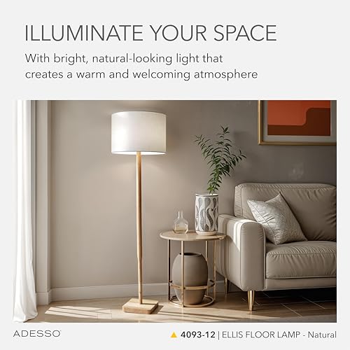 Adesso Floor Lamp with Natural Rubberwood Base and White Linen Lampshade – 3-Way Adjustable Brightness, Lamp for Bedroom, Living Room, and House Décor, 58.5” x 16” - Image 2