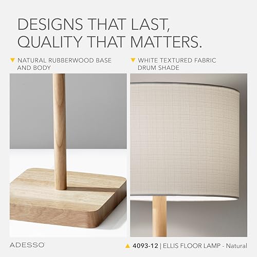 Adesso Floor Lamp with Natural Rubberwood Base and White Linen Lampshade – 3-Way Adjustable Brightness, Lamp for Bedroom, Living Room, and House Décor, 58.5” x 16” - Image 5