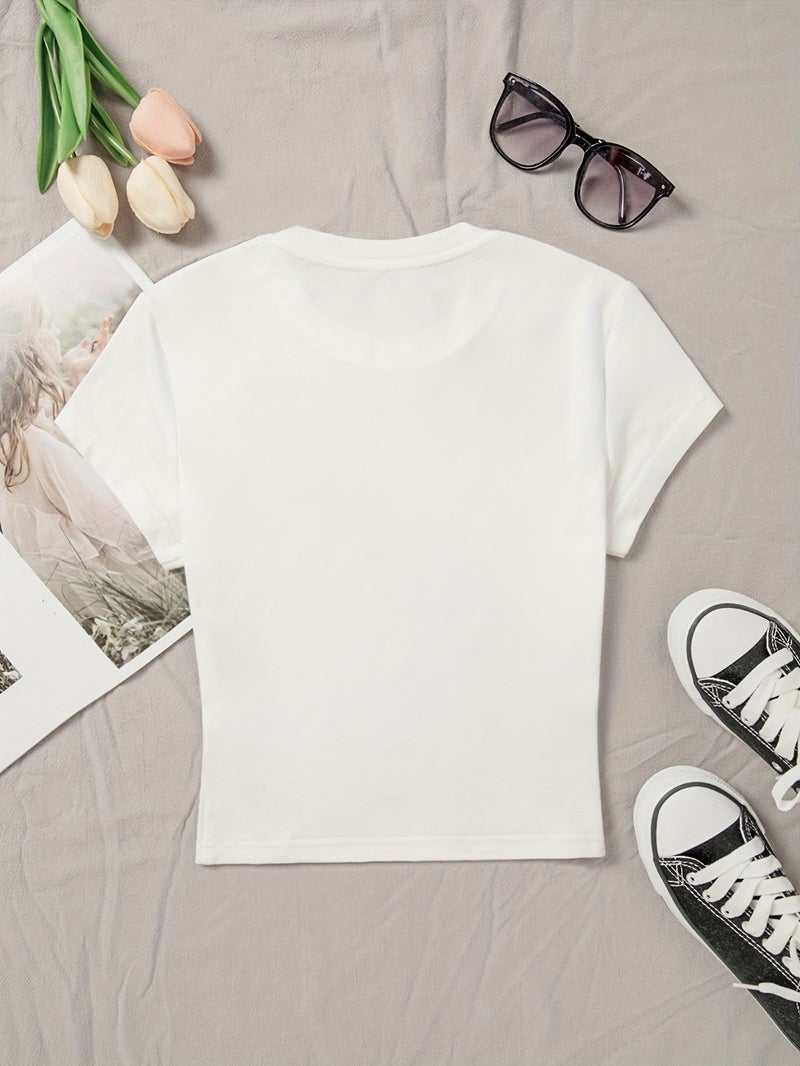 00008 - Women'S Tight Top Hibiscus Floral Print Pure Desire Korean Y2K Summer Round Neck Short Sleeve T - Shirt, Women'S Clothing QHH1315 - White 2 / XS - Image 2