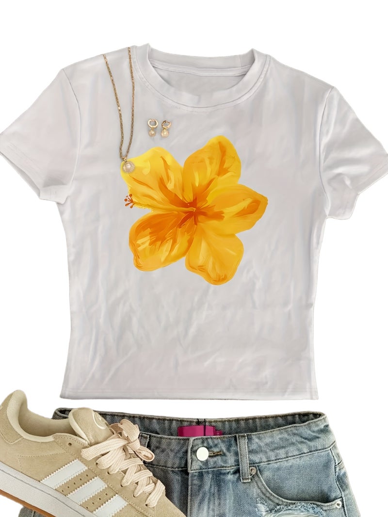 00008 - Women'S Tight Top Hibiscus Floral Print Pure Desire Korean Y2K Summer Round Neck Short Sleeve T - Shirt, Women'S Clothing QHH1315 - White 2 / XS - Image 1