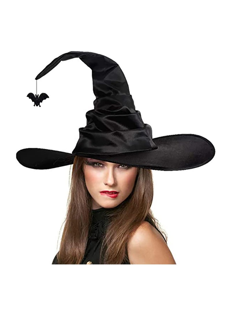 Witch Hat Pleated Wizard Hat Bat Pendant High Hat Party Role Play Costume Props Halloween (Black Bat) - Image 1