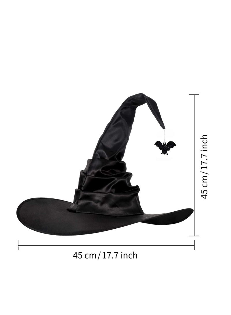 Witch Hat Pleated Wizard Hat Bat Pendant High Hat Party Role Play Costume Props Halloween (Black Bat) - Image 2