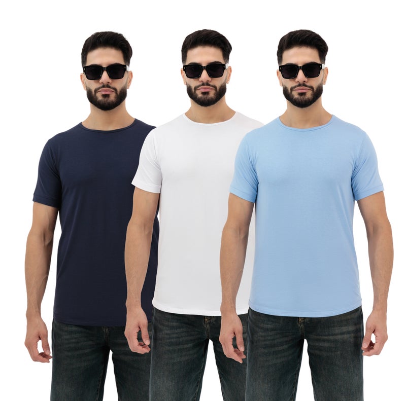 Vasl Hub VaslHub Plain T-Shirts for Men – Cotton Crew Neck Regular Fit – Pack of 3 – Navy, White and Mist - Image 1