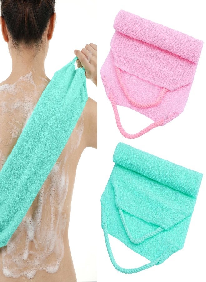 Matwsec 2 Pcs Exfoliating Back Scrubber with Handles, Nylon Exfoliating Shower Towel Stretchable Back Washer Backs Exfoliator for Shower Exfoliator Washcloth Washer for Men Women (Pink, Green) - Image 1