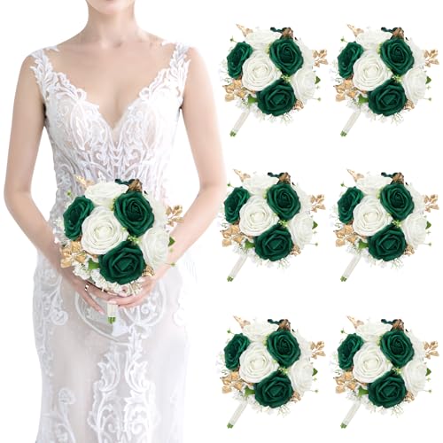 SEMONONIA Artificial Bridesmaid Bouquet Set of 6 - Wedding Flowers Bouquets for Bridesmaids, Small Pre-made Faux Small Floral Bouquets for Bridal Shower, Ceremony, Anniversary - Emerald White Gold, 7 Inch - Image 1