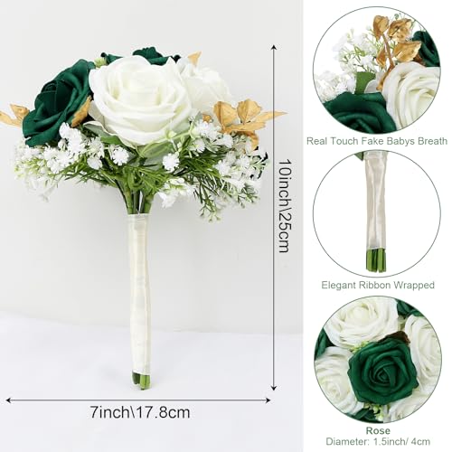 SEMONONIA Artificial Bridesmaid Bouquet Set of 6 - Wedding Flowers Bouquets for Bridesmaids, Small Pre-made Faux Small Floral Bouquets for Bridal Shower, Ceremony, Anniversary - Emerald White Gold, 7 Inch - Image 5