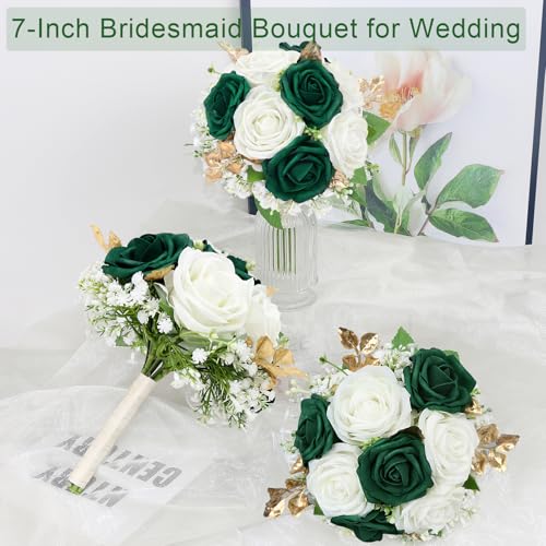 SEMONONIA Artificial Bridesmaid Bouquet Set of 6 - Wedding Flowers Bouquets for Bridesmaids, Small Pre-made Faux Small Floral Bouquets for Bridal Shower, Ceremony, Anniversary - Emerald White Gold, 7 Inch - Image 3