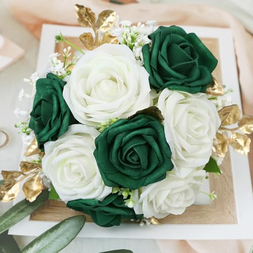 SEMONONIA Artificial Bridesmaid Bouquet Set of 6 - Wedding Flowers Bouquets for Bridesmaids, Small Pre-made Faux Small Floral Bouquets for Bridal Shower, Ceremony, Anniversary - Emerald White Gold, 7 Inch - Image 2