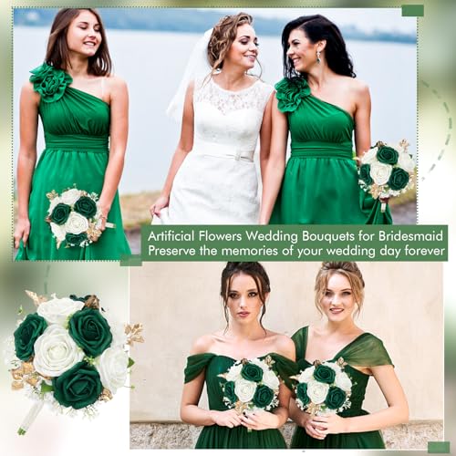 SEMONONIA Artificial Bridesmaid Bouquet Set of 6 - Wedding Flowers Bouquets for Bridesmaids, Small Pre-made Faux Small Floral Bouquets for Bridal Shower, Ceremony, Anniversary - Emerald White Gold, 7 Inch - Image 4