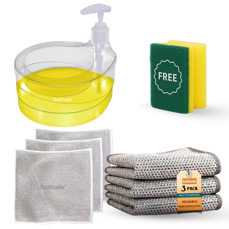 Solitude Double Layer 2 in 1 Liquid soap Dispenser for Kitchen Sink, dishwash, Dispenser with Non-Scratch Wire Dishcloth for Washing Dishes Sinks Counters (Soap Dispenser, Sponge & 3 Wire Cloth) - Image 1
