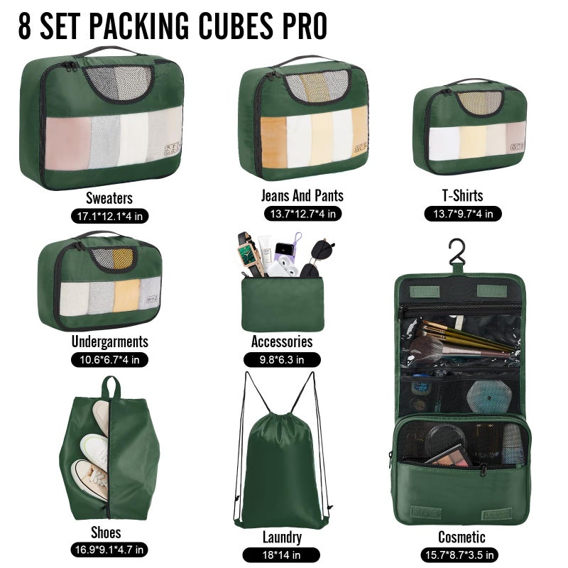 Veken 8 Set Packing Cubes for Travel Essentials, Suitcase Organizer Bags in 4 Sizes, Carry-On Luggage Accessories with Large Laundry & Hanging Toiletry Bag, Must-Have for Airplane, Road Trip & Camping - Image 2
